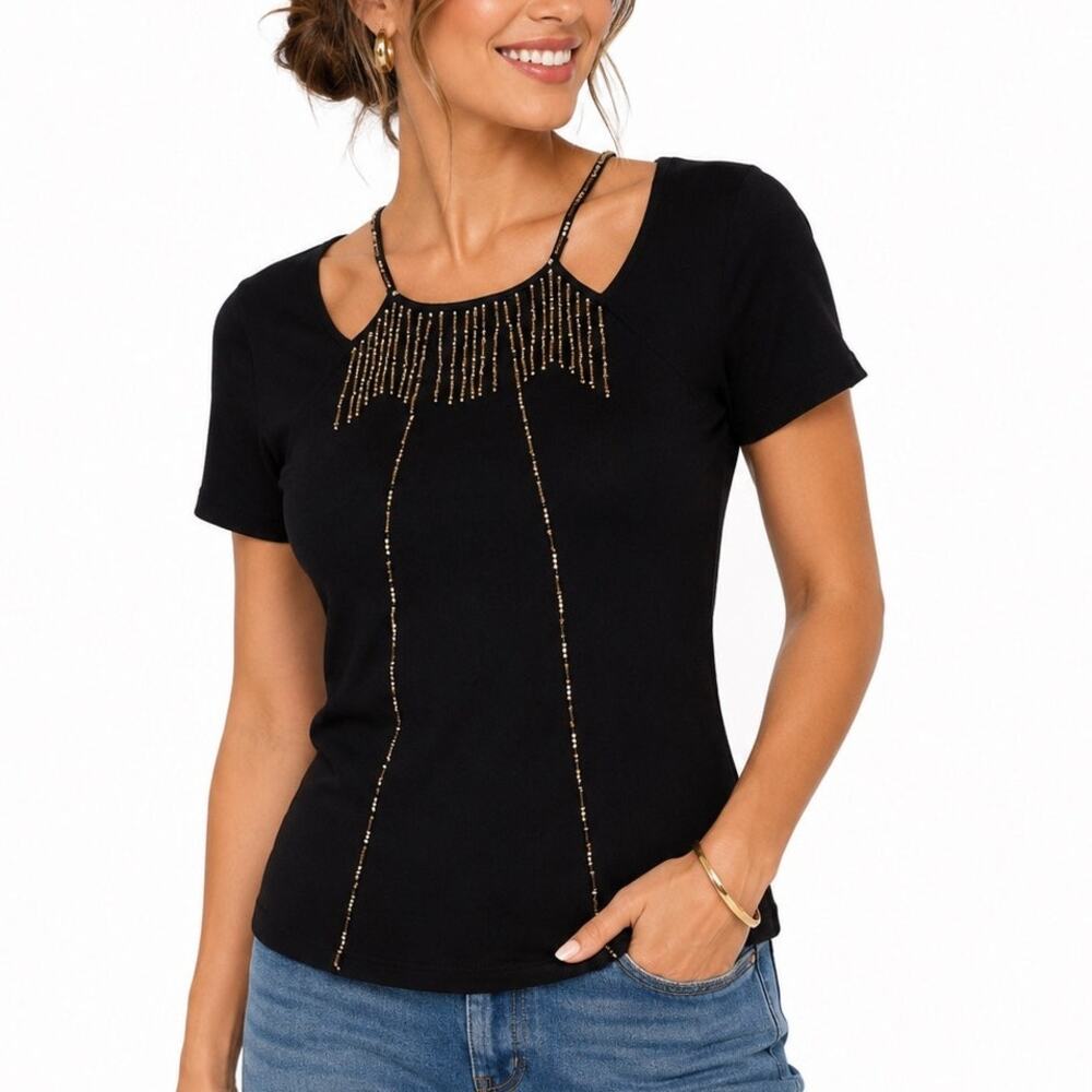 S Ziani Couture Black Fringe Beaded Ribbed Stretchy Cut Out Blouse Top
